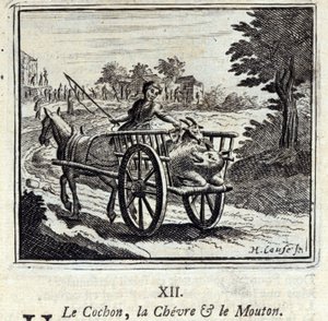 Jean de La Fontainen (1621-95) The Pig the Goat and the Mut. Kuvitus: Francois Chauveau (1613-1676). Painos vuodelta 1728. tekijältä Francois Chauveau