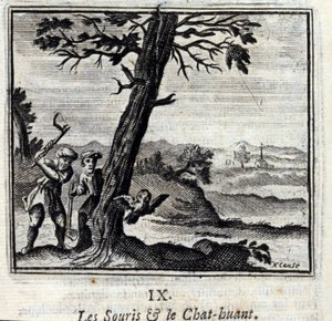 Jean de La Fontainen (1621-95) The Mice and the Huant Cat. Fables. Kuvitus: Francois Chauveau (1613-1676). Painos vuodelta 1728. tekijältä Francois Chauveau