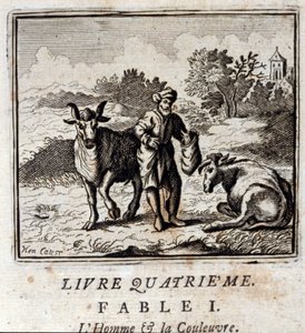 Mies ja käärme. Jean de La Fontainen (1621-95) sadut. Kuvitus: Francois Chauveau (1613-1676). Painos vuodelta 1728. tekijältä Francois Chauveau