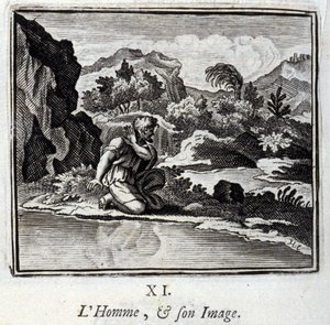 Mies ja hänen kuvansa. Jean de La Fontainen (1621-95) sadut. Kuvitus: Francois Chauveau (1613-1676). Painos vuodelta 1728. tekijältä Francois Chauveau