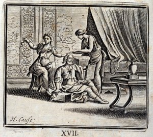Kahden ikäinen mies ja hänen kaksi rakastajattartaan. Jean de La Fontainen (1621-95) sadut. Kuvitus: Francois Chauveau (1613-1676). Painos vuodelta 1728. tekijältä Francois Chauveau