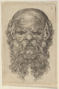 Naamio kaljusta miehestä, jolla on terävät korvat ja pitkä, hajallaan oleva parta, Divers Masques, n. 1635-45. tekijältä Francois Chauveau
