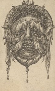 Naamio, jossa pitkät kulmakarvat ja viikset sekä päähine roikkuvalla kankaalla, Dive..., ca. 1635-45. tekijältä Francois Chauveau