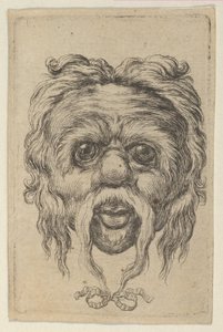 Naamio, jossa pitkät viikset, jotka on sidottu nauhalla leuan alla, valmistajalta Divers Masques, n. 1635-45. tekijältä Francois Chauveau