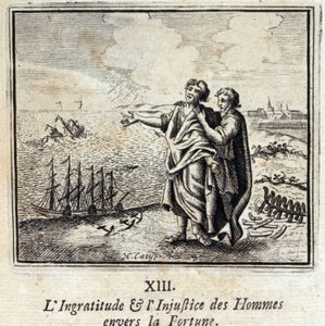 Miesten kiittämättömyys ja epäoikeudenmukaisuus onnea kohtaan. Jean de La Fontainen (1621-95) sadut. Kuvitus: François Chauveau (1613-1676). Painos vuodelta 1728. tekijältä Francois Chauveau
