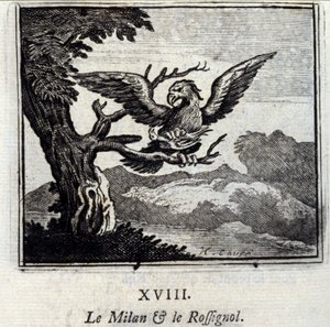 Milano ja satakieli. Jean de La Fontainen (1621-95) sadut. Kuvitus: Francois Chauveau (1613-1676). Painos vuodelta 1728. tekijältä Francois Chauveau