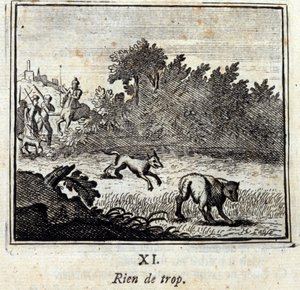 Ei mitään liikaa. Jean de La Fontainen (1621-95) sadut. Kuvitus: Francois Chauveau (1613-1676). Painos vuodelta 1728. tekijältä Francois Chauveau