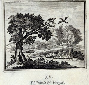 Philomele ja Progne. Jean de La Fontainen (1621-95) sadut. Kuvitus: François Chauveau (1613-1676). Painos vuodelta 1728. tekijältä Francois Chauveau