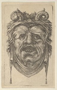 Satyr-naamio käpristyneillä sarvilla, lehtikulmilla ja leuan alla roikkuvalla kankaalla, n. 1635-45. tekijältä Francois Chauveau
