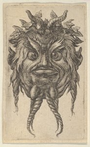 Satyr Mask sarvet ja kierretty parta pukeutunut muratti seppeleen, Divers Masque..., ca. 1635-45. tekijältä Francois Chauveau