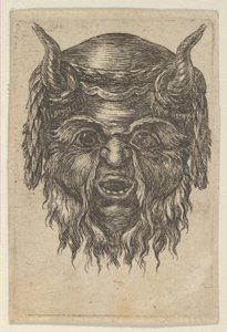 Satyr Mask, jonka sarvien päälle on levitetty laakeriseppele, Divers Masquesilta, n. 1635-45. tekijältä Francois Chauveau