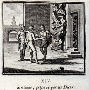 Simonides suojelee jumalia. Jean de La Fontainen (1621-95) sadut. Kuvitus: Francois Chauveau (1613-1676). Painos vuodelta 1728. tekijältä Francois Chauveau