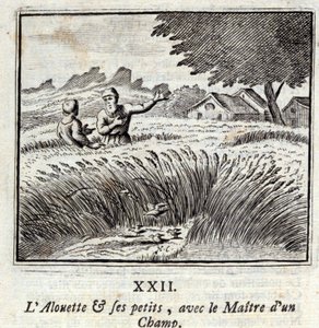 Alouette ja hänen lapsensa alan mestarin kanssa. Jean de La Fontainen (1621-95) sadut. Kuvitus: François Chauveau (1613-1676). Painos vuodelta 1728. tekijältä Francois Chauveau