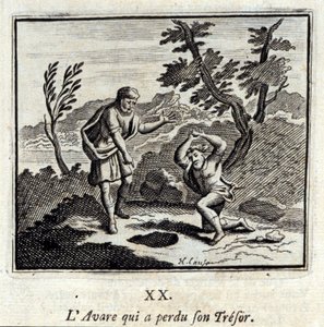 Avare, joka menetti tresorinsa. Jean de La Fontainen (1621-95) tarinat. Kuvitus: François Chauveau (1613-1676). Painos vuodelta 1728. tekijältä Francois Chauveau