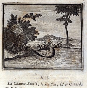 Lepakko, pensas ja ankka. Jean de La Fontainen (1621-95) sadut. Kuvitus: François Chauveau (1613-1676). Painos vuodelta 1728. tekijältä Francois Chauveau