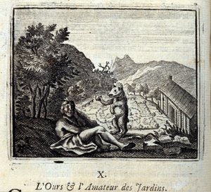 Karhu ja puutarha -amatööri. Jean de La Fontainen (1621-95) sadut. Kuvitus: François Chauveau (1613-1676). Painos vuodelta 1728. tekijältä Francois Chauveau