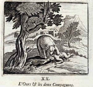 Karhu ja kaksi seuralaista. Jean de La Fontainen (1621-95) sadut. Kuvitus: François Chauveau (1613-1676). Painos vuodelta 1728. tekijältä Francois Chauveau