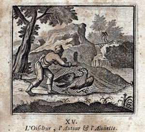 Lintulintu ympärillä ja Alouette. Jean de La Fontainen (1621-95) sadut. Kuvitus: François Chauveau (1613-1676). Painos vuodelta 1728. tekijältä Francois Chauveau