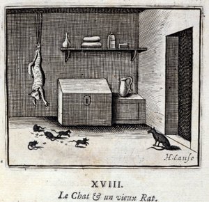 Kissa ja vanha rotta. Jean de La Fontainen (1621-95) sadut. Kuvitus: Francois Chauveau (1613-1676). Painos vuodelta 1728. tekijältä Francois Chauveau