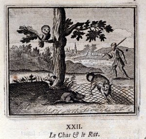 Kissa ja rotta. Jean de La Fontainen (1621-95) sadut. Kuvitus: Francois Chauveau (1613-1676). Painos vuodelta 1728. tekijältä Francois Chauveau