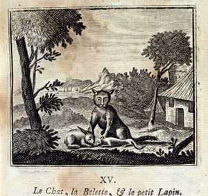 Kissa, lumikko ja pieni kani. Jean de La Fontainen (1621-95) sadut. Kuvitus: François Chauveau (1613-1676). Painos vuodelta 1728. tekijältä Francois Chauveau