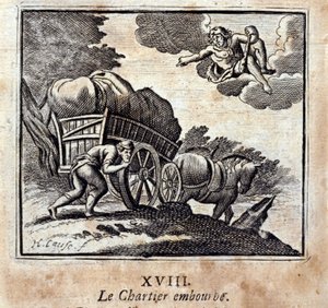 Chartier vaivaa. Jean de La Fontainen (1621-95) sadut. Kuvitus: François Chauveau (1613-1676). Painos vuodelta 1728. tekijältä Francois Chauveau