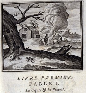 Cigale ja muurahainen. Jean de La Fontainen (1621-95) sadut. Kuvitus: François Chauveau (1613-1676). Painos vuodelta 1728. tekijältä Francois Chauveau