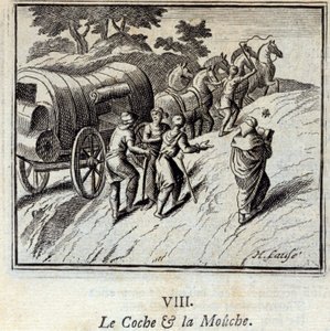 Coche ja Fly. Jean de La Fontainen (1621-95) sadut. Kuvitus: Francois Chauveau (1613-1676). Painos vuodelta 1728. tekijältä Francois Chauveau