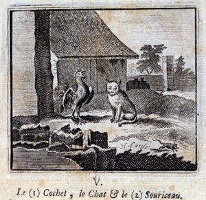 Cochet kissa ja hiiri. Jean de La Fontainen (1621-95) sadut. Kuvitus: François Chauveau (1613-1676). Painos vuodelta 1728. tekijältä Francois Chauveau