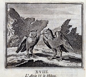 Kotka ja pöllö. Jean de La Fontainen (1621-95) sadut. Kuvitus: François Chauveau (1613-1676). Painos vuodelta 1728. tekijältä Francois Chauveau