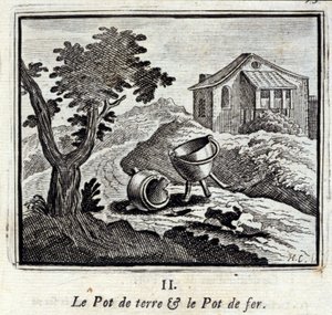 Maan ruukku ja rautaruukku. Jean de La Fontainen (1621-95) sadut. Kuvitus: François Chauveau (1613-1676). Painos vuodelta 1728. tekijältä Francois Chauveau