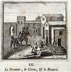 Maanviljelijä, koira ja kettu. Jean de La Fontainen (1621-95) sadut. Kuvitus: François Chauveau (1613-1676). Painos vuodelta 1728. tekijältä Francois Chauveau