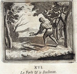 Metsä ja metsuri. Jean de La Fontainen (1621-95) sadut. Kuvitus: François Chauveau (1613-1676). Painos vuodelta 1728. tekijältä Francois Chauveau