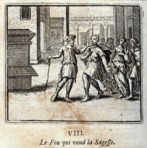 Fou, joka myy viisautta. Jean de La Fontainen (1621-95) sadut. Kuvitus: Francois Chauveau (1613-1676). Painos vuodelta 1728. tekijältä Francois Chauveau