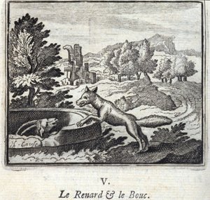 Jean de La Fontainen (1621-95) The Fox and the Bouc.Fables. Kuvitus: François Chauveau (1613-1676). Painos vuodelta 1728. tekijältä Francois Chauveau