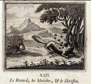 Kettu, kärpäset ja Herisson. Jean de La Fontainen (1621-95) sadut. Kuvitus: François Chauveau (1613-1676). Painos vuodelta 1728. tekijältä Francois Chauveau