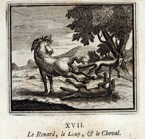 Kettu, susi ja hevonen. Jean de La Fontainen (1621-95) sadut. Kuvitus: François Chauveau (1613-1676). Painos vuodelta 1728.