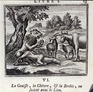 Genisse, Gove ja Lammas seurassa Leijonan kanssa. Jean de La Fontainen (1621-95) satuja. Kuvitus: François Chauveau (1613-1676). Painos vuodelta 1728. tekijältä Francois Chauveau