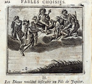 Jumalat haluavat opettaa Jupiterin pojan. Jean de La Fontainen (1621-95) sadut. Kuvitus: François Chauveau (1613-1676). Painos vuodelta 1728. tekijältä Francois Chauveau