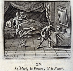 Aviomies, nainen ja varas. Jean de La Fontainen (1621-95) sadut. Kuvitus: François Chauveau (1613-1676). Painos vuodelta 1728. tekijältä Francois Chauveau