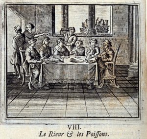 Nauru ja kalat. Jean de La Fontainen (1621-95) sadut. Kuvitus: François Chauveau (1613-1676). Painos vuodelta 1728. tekijältä Francois Chauveau