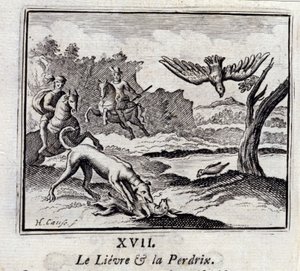 Lievre ja Pardrix.Jean de La Fontainen (1621-95) sadut. Kuvitus: François Chauveau (1613-1676). Painos vuodelta 1728. tekijältä Francois Chauveau