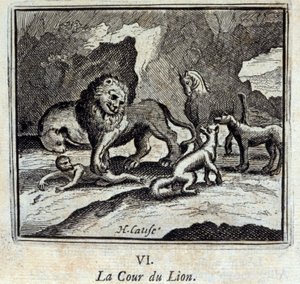 Leijonatuomioistuin. Jean de La Fontainen (1621-95) sadut. Kuvitus: François Chauveau (1613-1676). Painos vuodelta 1728. tekijältä Francois Chauveau
