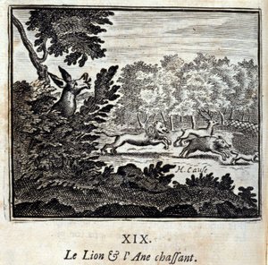 Leijonan ja aasin metsästys. Jean de La Fontainen (1621-95) sadut. Kuvitus: François Chauveau (1613-1676). Painos vuodelta 1728. tekijältä Francois Chauveau