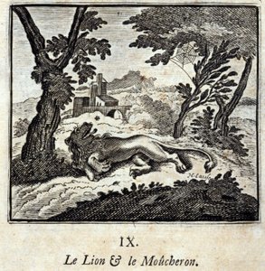 Leijona ja kärpässieppari. Jean de La Fontainen (1621-95) sadut. Kuvitus: Francois Chauveau (1613-1676). Painos vuodelta 1728. tekijältä Francois Chauveau