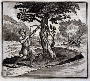 Jean de La Fontainen (1621-95) The Lion and the Rat.Fables. Kuvitus: Francois Chauveau (1613-1676). Painos vuodelta 1728. tekijältä Francois Chauveau