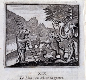 Leijona menee sotaan. Jean de La Fontainen (1621-95) sadut. Kuvitus: Francois Chauveau (1613-1676). Painos vuodelta 1728. tekijältä Francois Chauveau