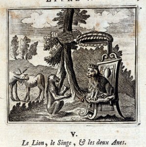 Jean de La Fontainen (1621-95) The Lion the Monkey and the Two Anes. Kuvitus: François Chauveau (1613-1676). Painos vuodelta 1728. tekijältä Francois Chauveau