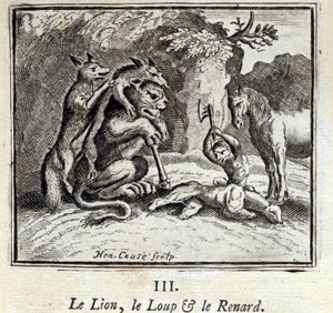 Leijona, susi ja kettu. Jean de La Fontainen (1621-95) sadut. Kuvitus: François Chauveau (1613-1676). Painos vuodelta 1728. tekijältä Francois Chauveau