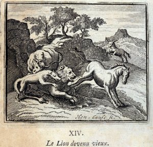 Leijona muuttui vanhaksi. Jean de La Fontainen (1621-95) sadut. Kuvitus: Francois Chauveau (1613-1676). Painos vuodelta 1728. tekijältä Francois Chauveau